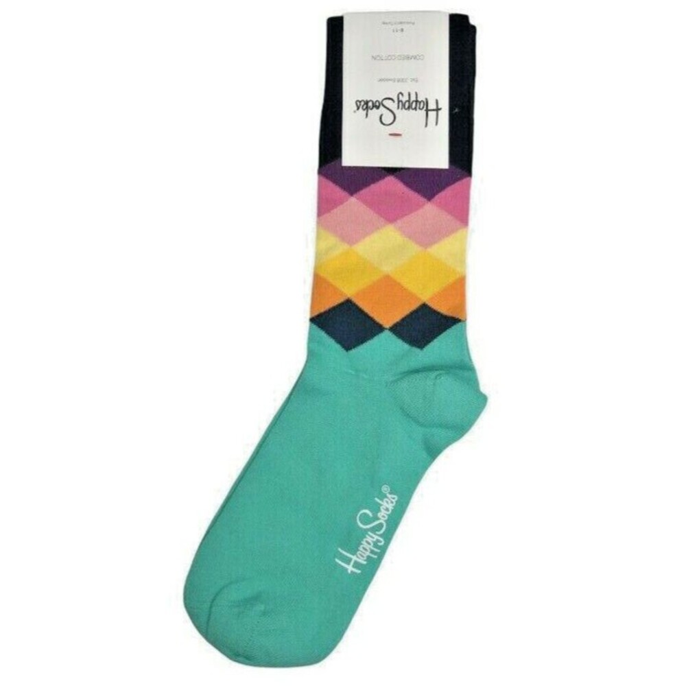 Happy Socks Argyle Diamond Ladies Unisex Mens Sock Size 9-11 Green Multicolor